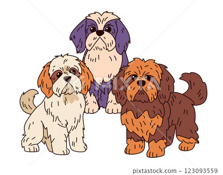 Cute cartoon dogs trio adorable fluffy pets illustration. Three small dogs with colorful fur sitting together on a white background. Perfect for pet-themed designs 123093559