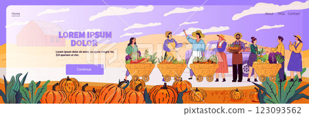 Farmers market harvest scene with people selling fresh vegetables and fruits in carts vibrant countryside background with barn pumpkins and plants website design 123093562