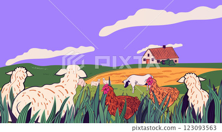 Farm animals grazing idyllic countryside landscape with sheep chickens green hills farmhouse under purple sky fluffy clouds vibrant colors rural scene 123093563