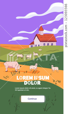 Sheep grazing pastoral landscape farm scene with sheep grazing on rolling hills under a purple sky with clouds red-roofed farmhouse in background mobile app screen 123093566