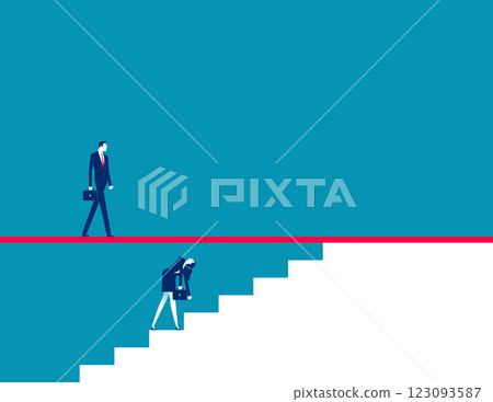 Employee stopped in ascension to higher steps by a glass ceiling ana annoyed by a boss above it Employee stopped in ascension to higher steps by a glass ceiling ana annoyed by a boss above it 123093587