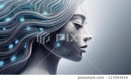 An image of the fusion of AI and humans, with light running across a woman's profile, with lines resembling integrated circuits embedded as texture. An image of the fusion of AI and humans, with light running across a woman's profile, with lines resembling integrated circuits embedded as texture. 123093656