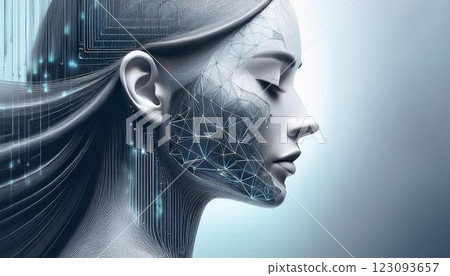 An image of the fusion of AI and humans, with light running across a woman's profile, with lines resembling integrated circuits embedded as texture. An image of the fusion of AI and humans, with light running across a woman's profile, with lines resembling integrated circuits embedded as texture. 123093657
