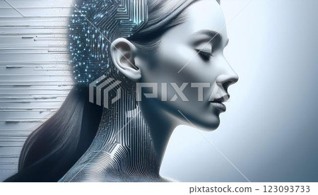 An image of the fusion of AI and humans, with light running across a woman's profile, with lines resembling integrated circuits embedded as texture. 123093733
