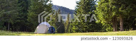 Tourist camp on green meadow with fresh grass in Carpathian mountains forest. Hikers tent and backpacks at camping site. Active lifestyle, outdoor activity, vacation, sports and recreation concept. 123093826