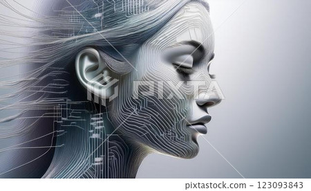 An image of the fusion of AI and humans, with light running across a woman's profile, with lines resembling integrated circuits embedded as texture. An image of the fusion of AI and humans, with light running across a woman's profile, with lines resembling integrated circuits embedded as texture. 123093843