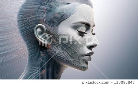 An image of the fusion of AI and humans, with light running across a woman's profile, with lines resembling integrated circuits embedded as texture. 123093845