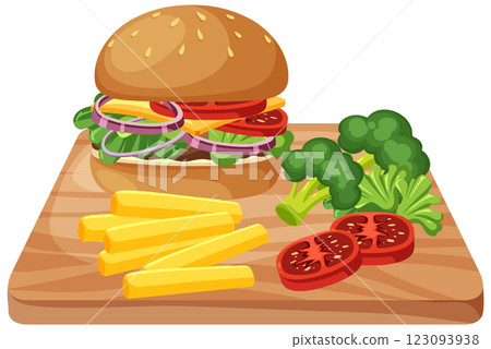 Delicious Burger with Fries and Vegetables 123093938