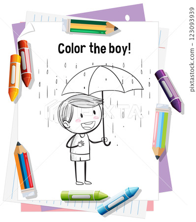 Coloring Page with Boy and Umbrella 123093939