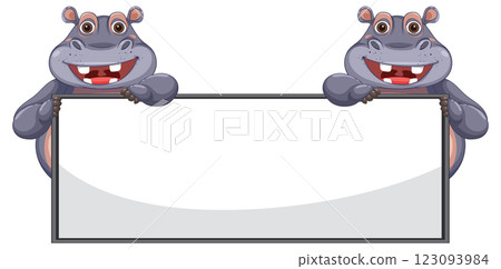 Happy Hippos Holding a Blank Sign Happy Hippos Holding a Blank Sign 123093984