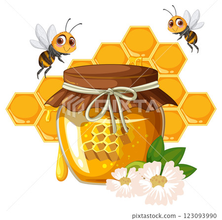 Honey Jar with Bees and Flowers 123093990