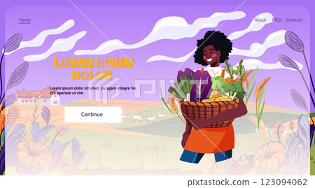 Farmer holding basket of vegetables smiling in a rural landscape with fields and farmhouse purple sky with clouds floral elements website design 123094062