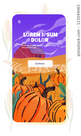 Pumpkin field autumn harvest scene with barn bright orange pumpkins green leaves purple sky mobile app screen template Pumpkin field autumn harvest scene with barn bright orange pumpkins green leaves purple sky mobile app screen template 123094065