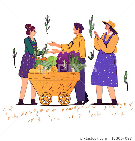 Farmers market vegetables people exchanging fresh produce cart leafy background colorful characters outdoor scene 123094088