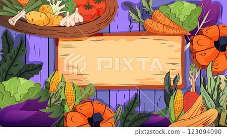 Vegetable frame harvest theme colorful fresh produce surrounding blank wooden sign carrots tomatoes corn pumpkins vibrant purple background website banner 123094090