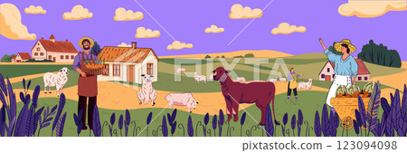 Farm life rural scene landscape agriculture. Farmers with produce animals and fields under a purple sky. Vibrant colors with clouds and plants. Farmhouse backdrop Farm life rural scene landscape agriculture. Farmers with produce animals and fields under a purple sky. Vibrant colors with clouds and plants. Farmhouse backdrop 123094098