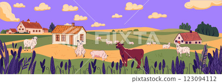 Farm landscape sheep grazing countryside scenery rural houses fields purple sky clouds plants Farm landscape sheep grazing countryside scenery rural houses fields purple sky clouds plants 123094112