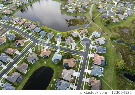 Residential homes in suburban sprawl development in North Port, Florida. Low-density private houses in rural suburbs. Housing market in the USA Residential homes in suburban sprawl development in North Port, Florida. Low-density private houses in rural suburbs. Housing market in the USA 123094123