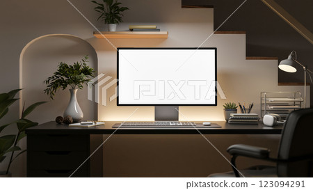 A white screen computer with decorative item on the wooden table beside the aisle. 123094291