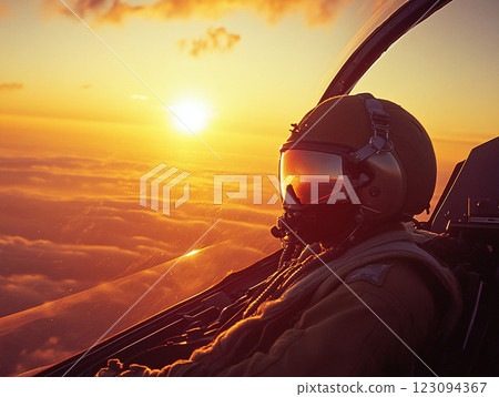 A pilot in a fighter jet cockpit flies above the clouds during a vibrant sunset, with the sun casting a golden glow on the aircraft and the sky. 123094367