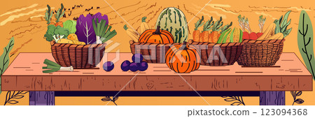 Harvest vegetables autumn scene colorful produce baskets pumpkins table vibrant background rustic design 123094368