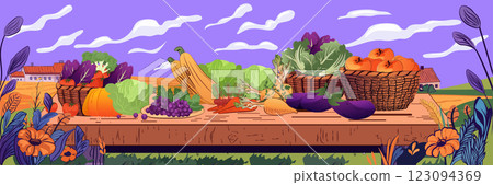Harvest vegetables on wooden table autumn. Vibrant produce including pumpkins grapes carrots in baskets against rural landscape with purple sky and flowers Harvest vegetables on wooden table autumn. Vibrant produce including pumpkins grapes carrots in baskets against rural landscape with purple sky and flowers 123094369