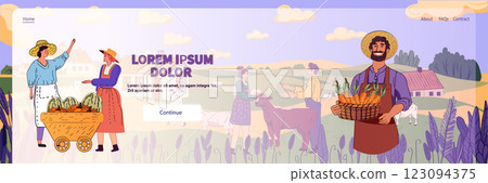 Farmers market scene rural lifestyle agriculture. People with produce in fields with animals houses and plants. Vibrant colors and pastoral setting. Website design 123094375