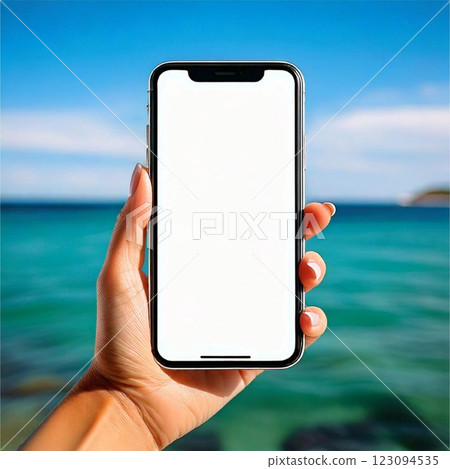 手拿智慧型手機螢幕正面樣機桌布背景海 123094535