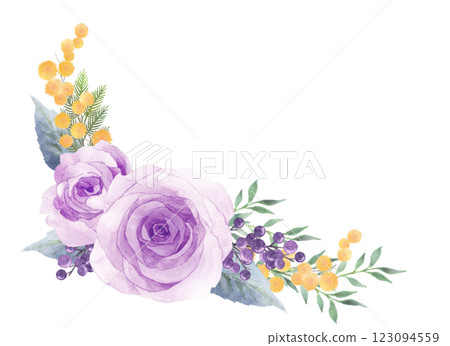 一束紫玫瑰與含羞草的水彩畫 一束紫玫瑰與含羞草的水彩畫 123094559