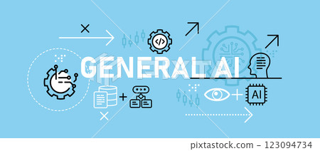 General AI artificial general intelligence AGI universal human-like and adaptive intelligence model conceptual smart machine learning development concept General AI artificial general intelligence AGI universal human-like and adaptive intelligence model conceptual smart machine learning development concept 123094734