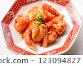 Fried eggs and shrimp with ketchup 123094827