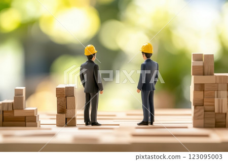 Miniature workers discussing construction plans (construction, worker, helmet, wood, construction site, plan, project) 123095003