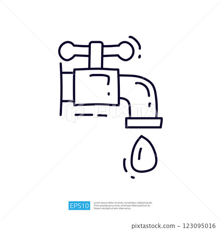 A simple illustration of a faucet with a droplet of water, symbolizing water supply and conservation. 123095016
