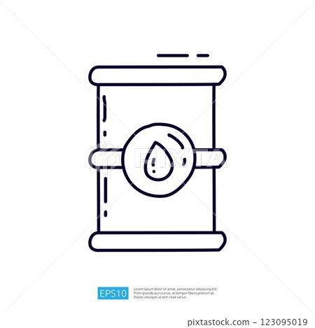The image depicts a simple line drawing of a barrel with a droplet symbol, suggesting it may contain liquid, possibly for storage or transport. 123095019