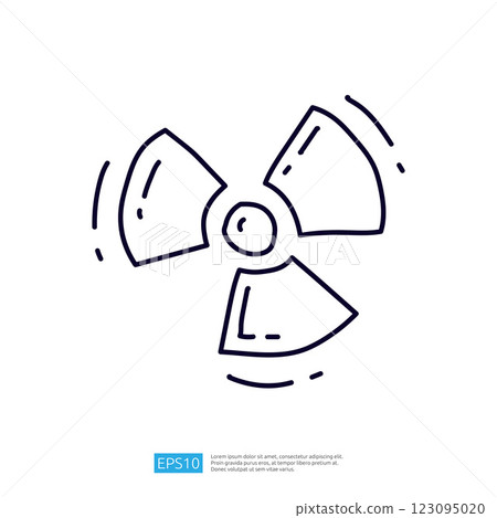 A simple line drawing of a radiation symbol, often used to indicate radioactive materials or areas. 123095020