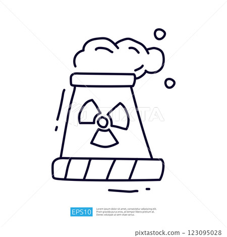 A simple line drawing of a cooling tower with a radiation symbol, emitting steam, representing nuclear energy and environmental concerns. 123095028