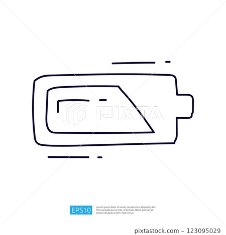 This image features a simple, minimalist line drawing of a battery icon, symbolizing energy or power levels, often used in technology and electronics contexts. 123095029