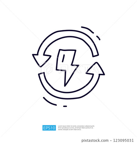 A simple line drawing of a recycling symbol combined with a lightning bolt, representing energy sustainability and the concept of renewable energy. 123095031
