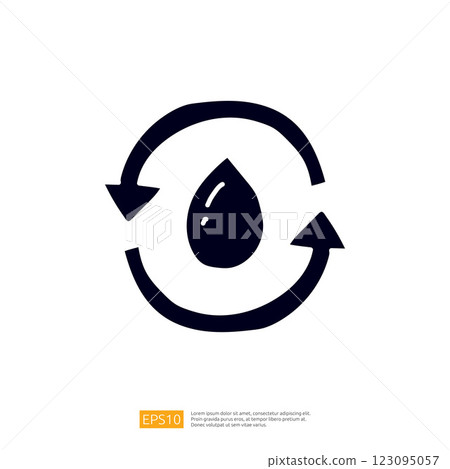 The image features a stylized water droplet enclosed in a circular arrow design, symbolizing water recycling and sustainability. 123095057