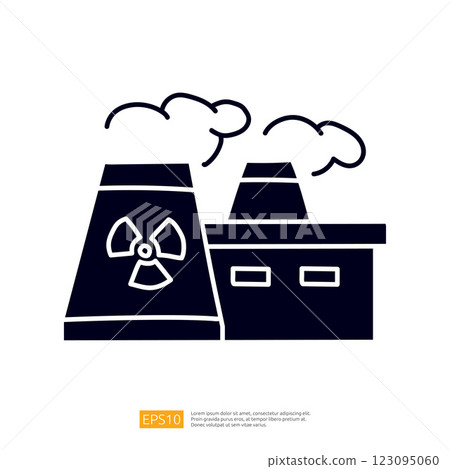 The image depicts two cooling towers emitting steam, symbolizing a nuclear power plant. It emphasizes energy production and environmental concerns. 123095060