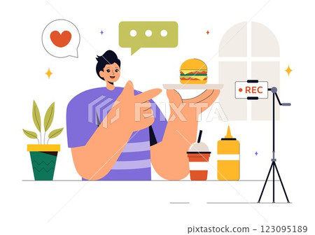 Food Blogger Vector Illustration featuring an Influencer Reviewing and Sharing Culinary Experiences on a Blog at a Restaurant in a Flat Background Food Blogger Vector Illustration featuring an Influencer Reviewing and Sharing Culinary Experiences on a Blog at a Restaurant in a Flat Background 123095189
