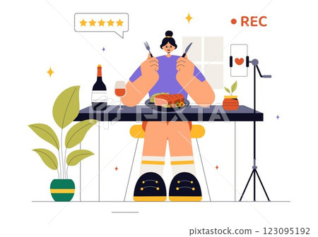 Food Blogger Vector Illustration featuring an Influencer Reviewing and Sharing Culinary Experiences on a Blog at a Restaurant in a Flat Background 123095192