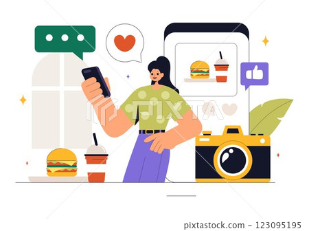 Food Blogger Vector Illustration featuring an Influencer Reviewing and Sharing Culinary Experiences on a Blog at a Restaurant in a Flat Background Food Blogger Vector Illustration featuring an Influencer Reviewing and Sharing Culinary Experiences on a Blog at a Restaurant in a Flat Background 123095195