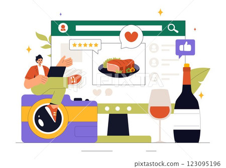 Food Blogger Vector Illustration featuring an Influencer Reviewing and Sharing Culinary Experiences on a Blog at a Restaurant in a Flat Background Food Blogger Vector Illustration featuring an Influencer Reviewing and Sharing Culinary Experiences on a Blog at a Restaurant in a Flat Background 123095196
