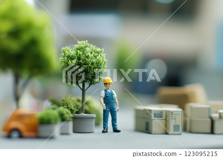 Miniature workers in work clothes standing on a street corner 123095215