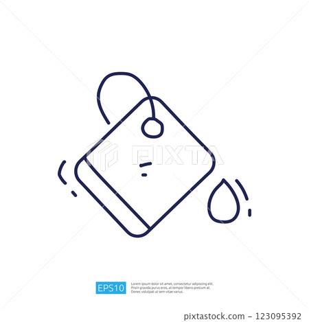 A minimalist illustration of a teabag with a droplet, symbolizing tea preparation or brewing. 123095392