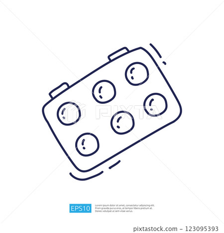 A simple line drawing of a rectangular object with six circular dots, resembling a toy block. It conveys a playful and creative theme. 123095393