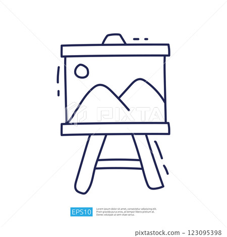A simple line drawing of a painting on an easel, depicting mountains and a sun, symbolizing art and creativity. 123095398