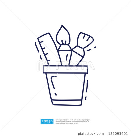 A simple line drawing of a pot filled with art supplies including a ruler, a paintbrush, and a candle, symbolizing creativity and artistic expression. 123095401
