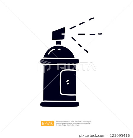 A simple illustration of a spray can, commonly used for painting or applying aerosol products. The nozzle is depicted with spray lines indicating usage. 123095416